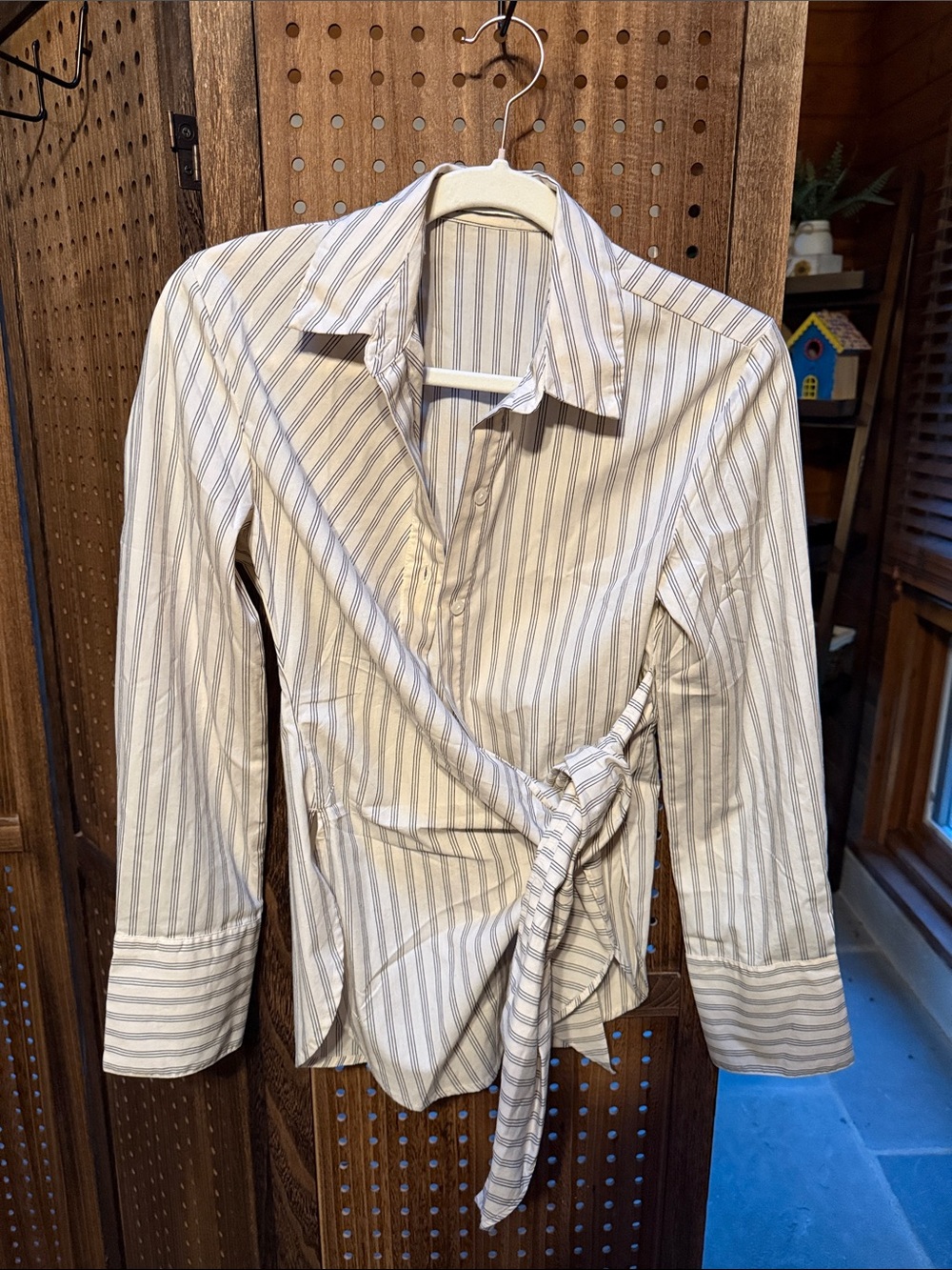 Abercrombie & Fitch Beige and White Striped Wrap Dress Shirt